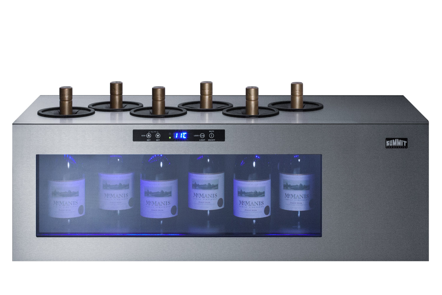 Commercially approved open bottle wine & champagne cooler in stainless steel with digital controls and compressor-cooled design for countertop use designed for the refrigeration and display of wine